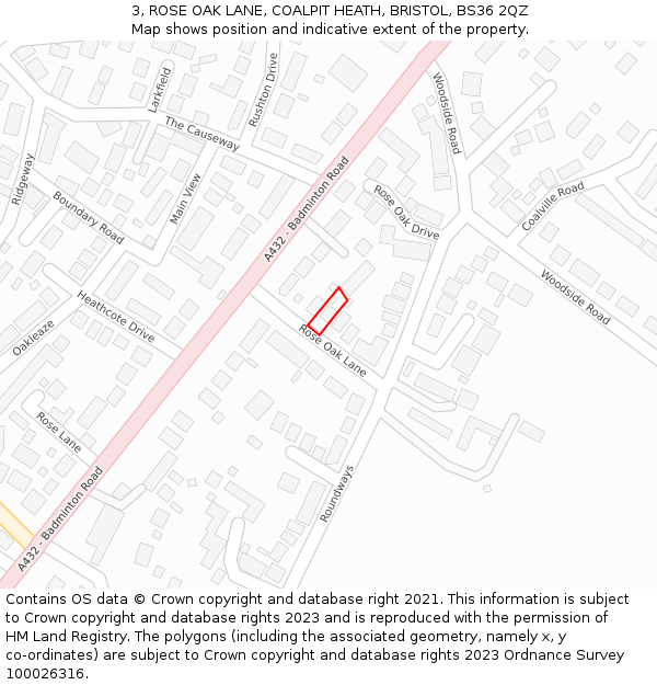 3, ROSE OAK LANE, COALPIT HEATH, BRISTOL, BS36 2QZ: Location map and indicative extent of plot