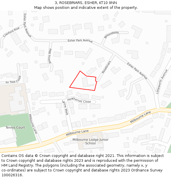 3, ROSEBRIARS, ESHER, KT10 9NN: Location map and indicative extent of plot