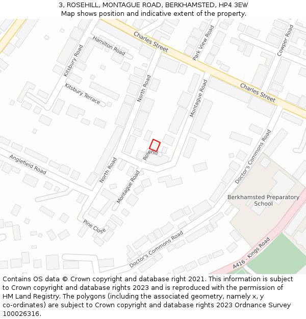 3, ROSEHILL, MONTAGUE ROAD, BERKHAMSTED, HP4 3EW: Location map and indicative extent of plot