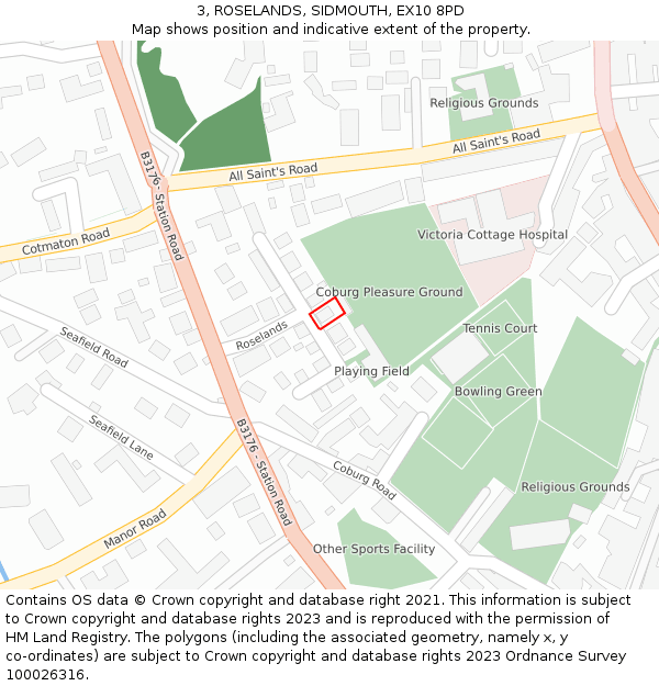 3, ROSELANDS, SIDMOUTH, EX10 8PD: Location map and indicative extent of plot