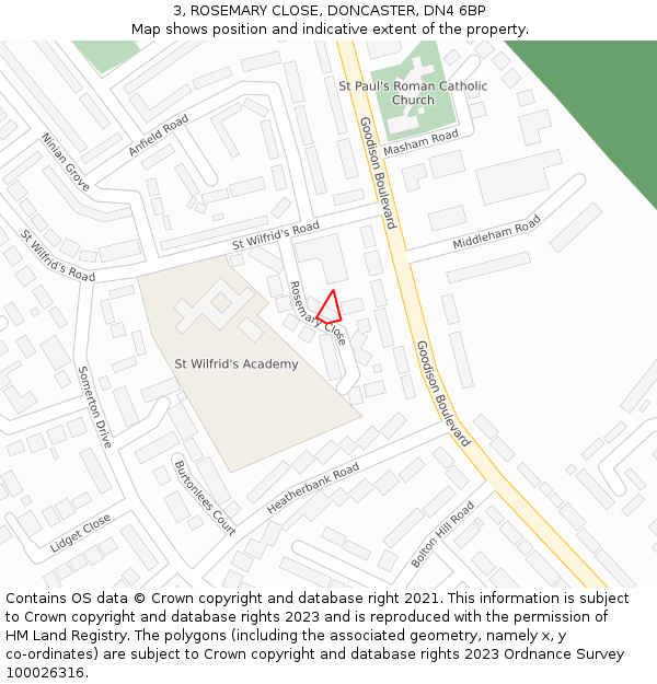 3, ROSEMARY CLOSE, DONCASTER, DN4 6BP: Location map and indicative extent of plot