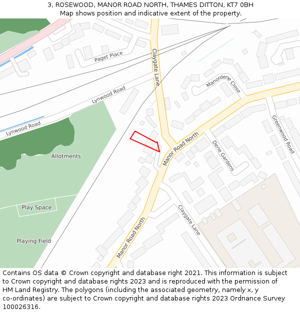 3, ROSEWOOD, MANOR ROAD NORTH, THAMES DITTON, KT7 0BH: Location map and indicative extent of plot