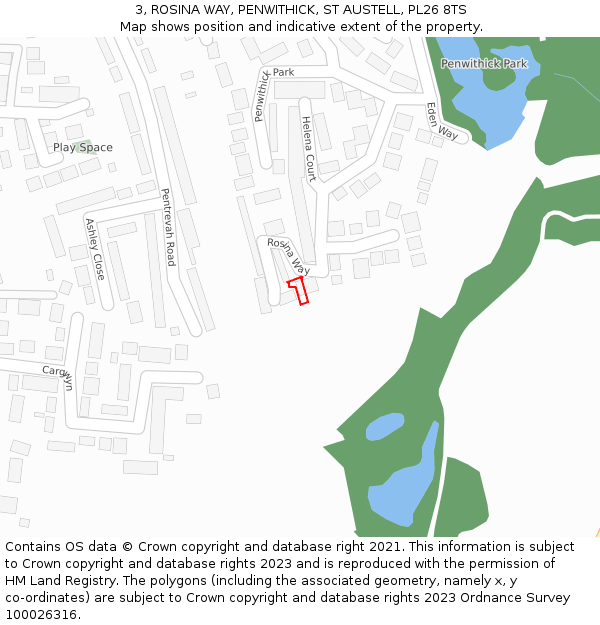 3, ROSINA WAY, PENWITHICK, ST AUSTELL, PL26 8TS: Location map and indicative extent of plot