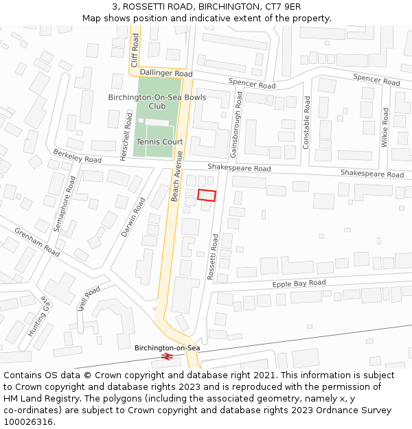 3, ROSSETTI ROAD, BIRCHINGTON, CT7 9ER: Location map and indicative extent of plot