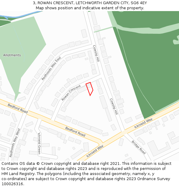 3, ROWAN CRESCENT, LETCHWORTH GARDEN CITY, SG6 4EY: Location map and indicative extent of plot