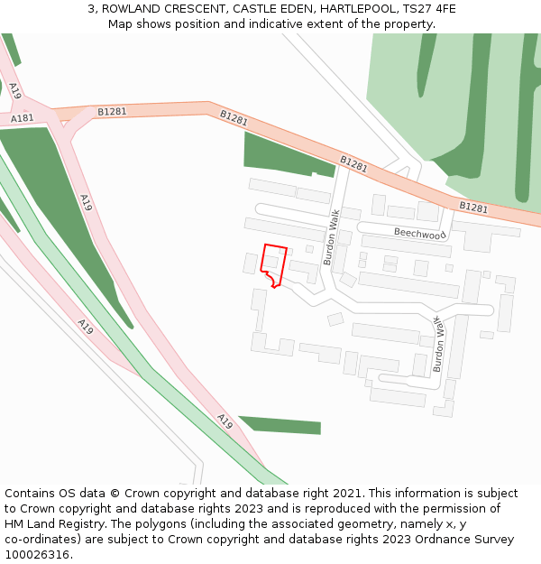 3, ROWLAND CRESCENT, CASTLE EDEN, HARTLEPOOL, TS27 4FE: Location map and indicative extent of plot