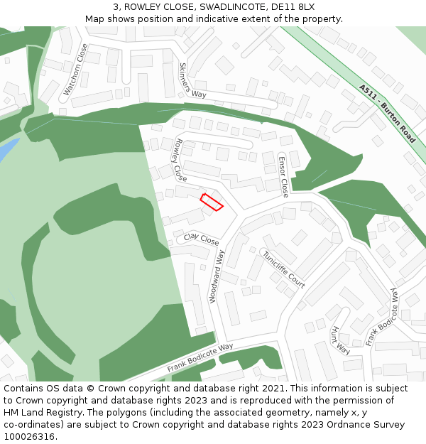 3, ROWLEY CLOSE, SWADLINCOTE, DE11 8LX: Location map and indicative extent of plot