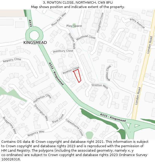 3, ROWTON CLOSE, NORTHWICH, CW9 8FU: Location map and indicative extent of plot