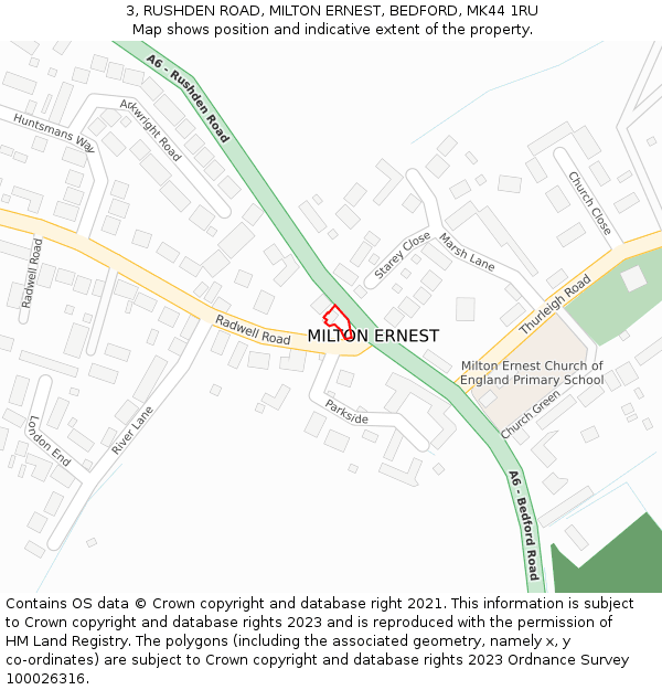 3, RUSHDEN ROAD, MILTON ERNEST, BEDFORD, MK44 1RU: Location map and indicative extent of plot