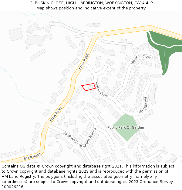 3, RUSKIN CLOSE, HIGH HARRINGTON, WORKINGTON, CA14 4LP: Location map and indicative extent of plot