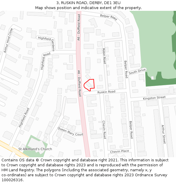 3, RUSKIN ROAD, DERBY, DE1 3EU: Location map and indicative extent of plot