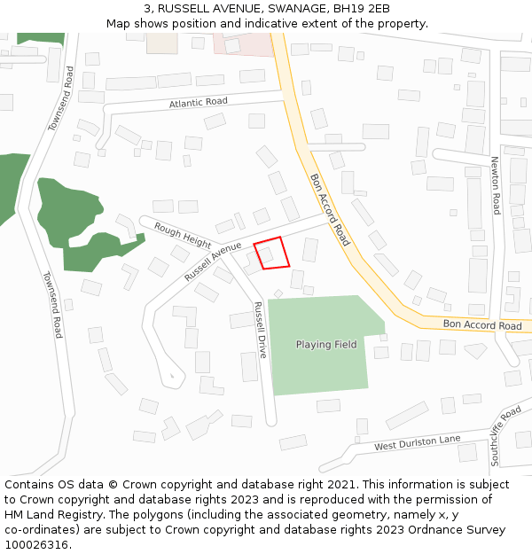 3, RUSSELL AVENUE, SWANAGE, BH19 2EB: Location map and indicative extent of plot