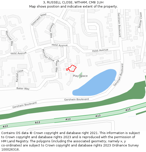 3, RUSSELL CLOSE, WITHAM, CM8 1UH: Location map and indicative extent of plot