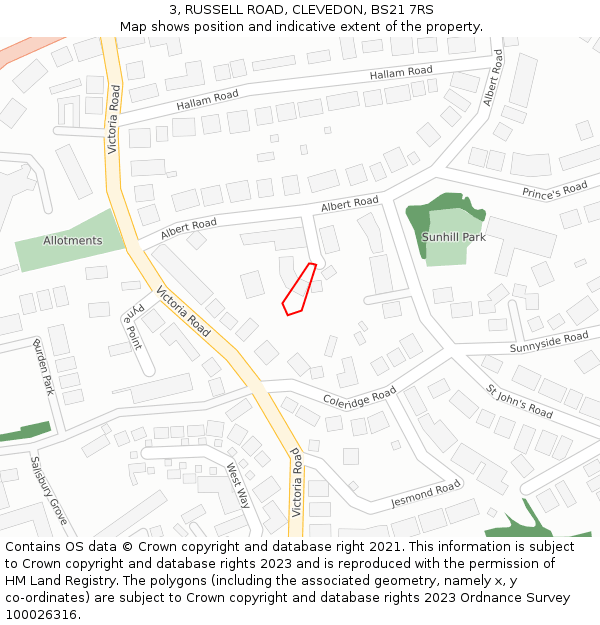 3, RUSSELL ROAD, CLEVEDON, BS21 7RS: Location map and indicative extent of plot