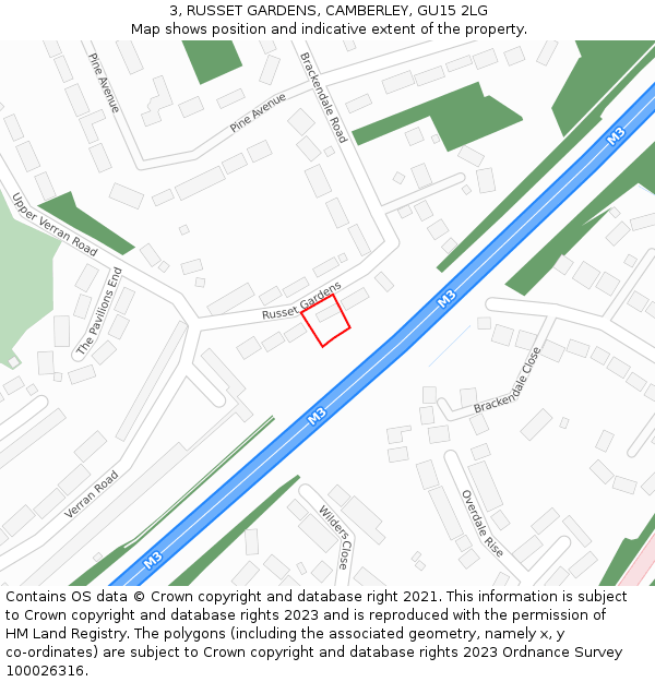 3, RUSSET GARDENS, CAMBERLEY, GU15 2LG: Location map and indicative extent of plot