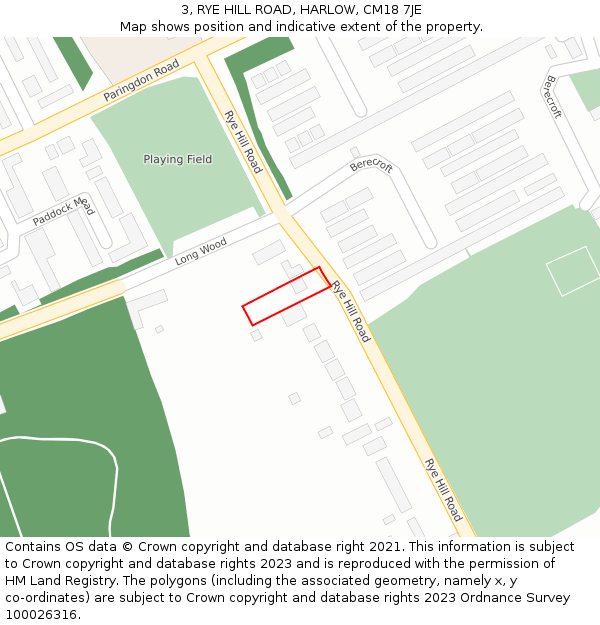 3, RYE HILL ROAD, HARLOW, CM18 7JE: Location map and indicative extent of plot