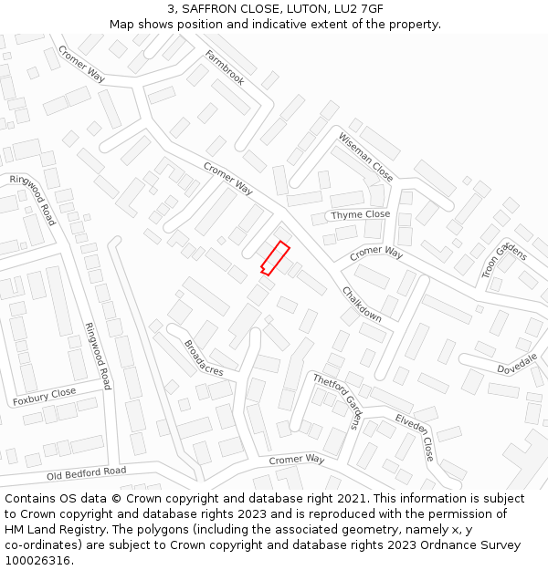 3, SAFFRON CLOSE, LUTON, LU2 7GF: Location map and indicative extent of plot