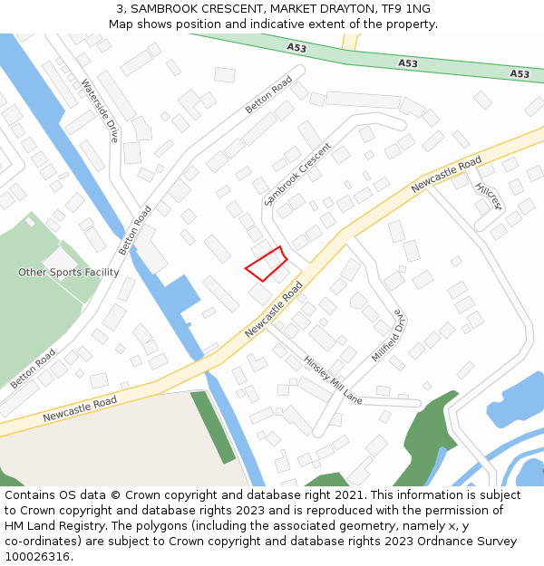 3, SAMBROOK CRESCENT, MARKET DRAYTON, TF9 1NG: Location map and indicative extent of plot