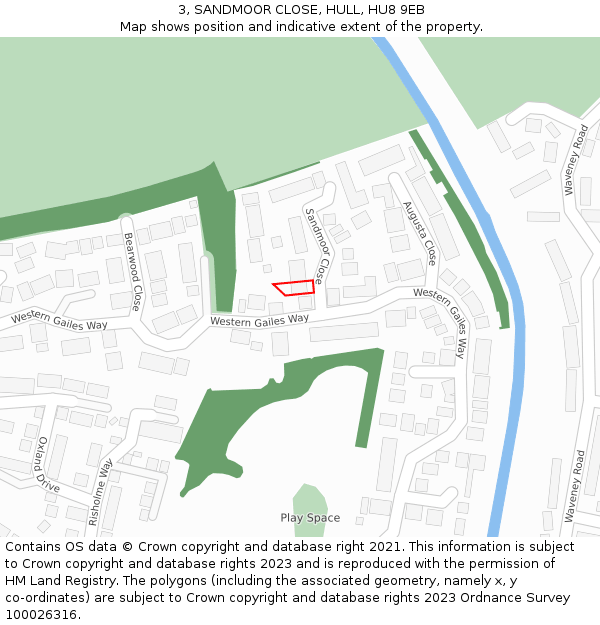 3, SANDMOOR CLOSE, HULL, HU8 9EB: Location map and indicative extent of plot