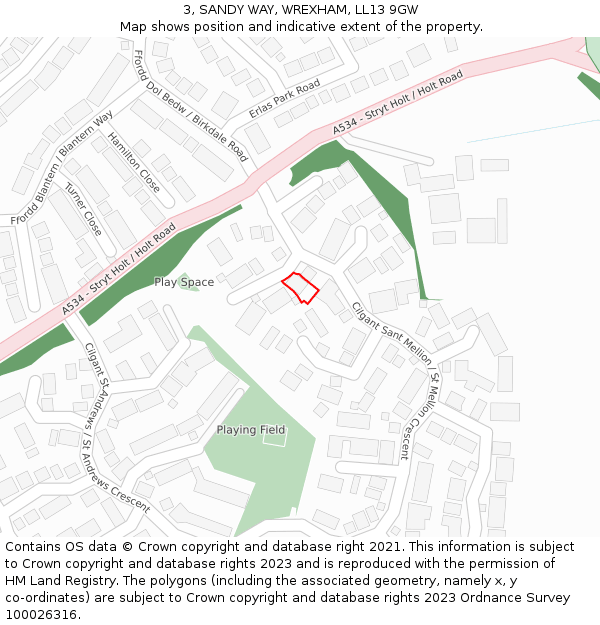 3, SANDY WAY, WREXHAM, LL13 9GW: Location map and indicative extent of plot