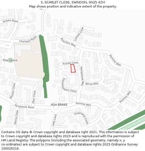 3, SCARLET CLOSE, SWINDON, SN25 4ZH: Location map and indicative extent of plot