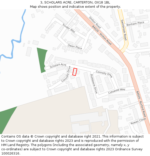 3, SCHOLARS ACRE, CARTERTON, OX18 1BL: Location map and indicative extent of plot