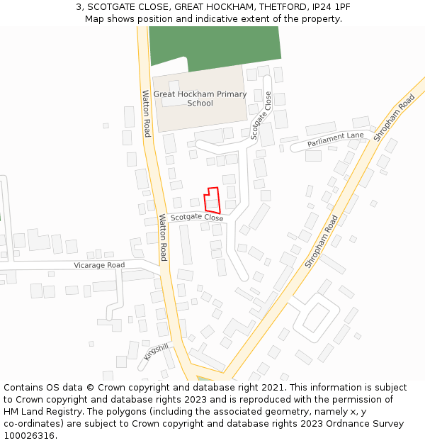 3, SCOTGATE CLOSE, GREAT HOCKHAM, THETFORD, IP24 1PF: Location map and indicative extent of plot