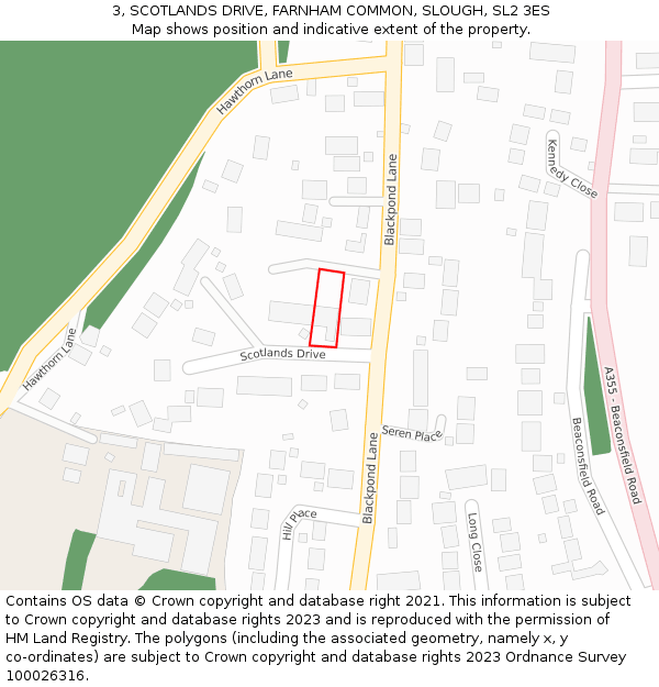 3, SCOTLANDS DRIVE, FARNHAM COMMON, SLOUGH, SL2 3ES: Location map and indicative extent of plot