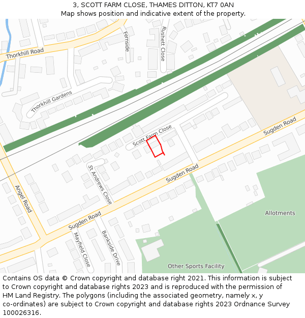 3, SCOTT FARM CLOSE, THAMES DITTON, KT7 0AN: Location map and indicative extent of plot