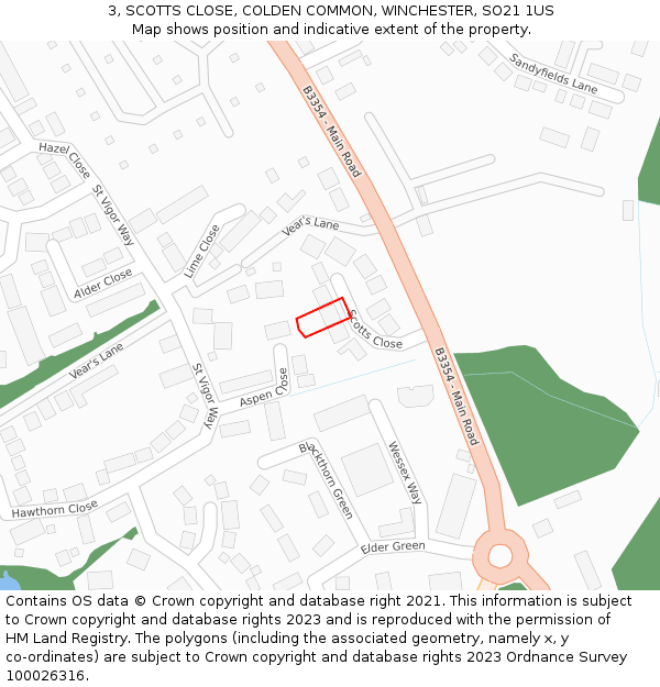 3, SCOTTS CLOSE, COLDEN COMMON, WINCHESTER, SO21 1US: Location map and indicative extent of plot