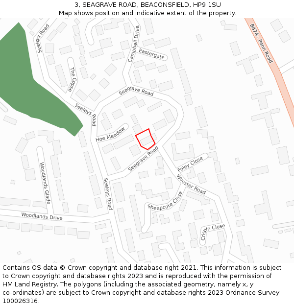 3, SEAGRAVE ROAD, BEACONSFIELD, HP9 1SU: Location map and indicative extent of plot