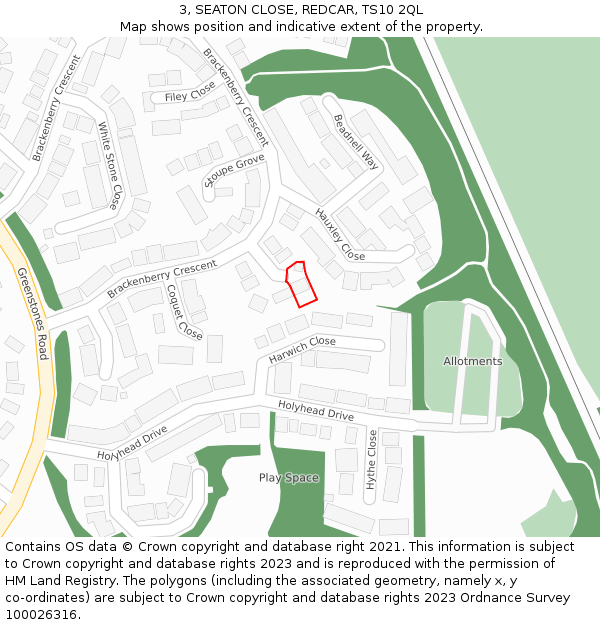 3, SEATON CLOSE, REDCAR, TS10 2QL: Location map and indicative extent of plot