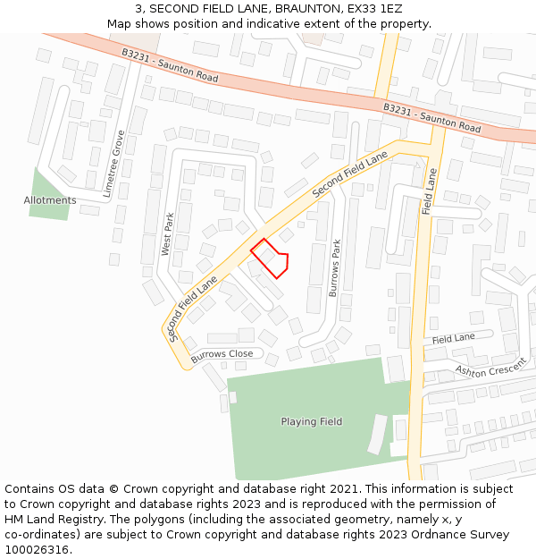 3, SECOND FIELD LANE, BRAUNTON, EX33 1EZ: Location map and indicative extent of plot