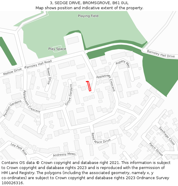 3, SEDGE DRIVE, BROMSGROVE, B61 0UL: Location map and indicative extent of plot