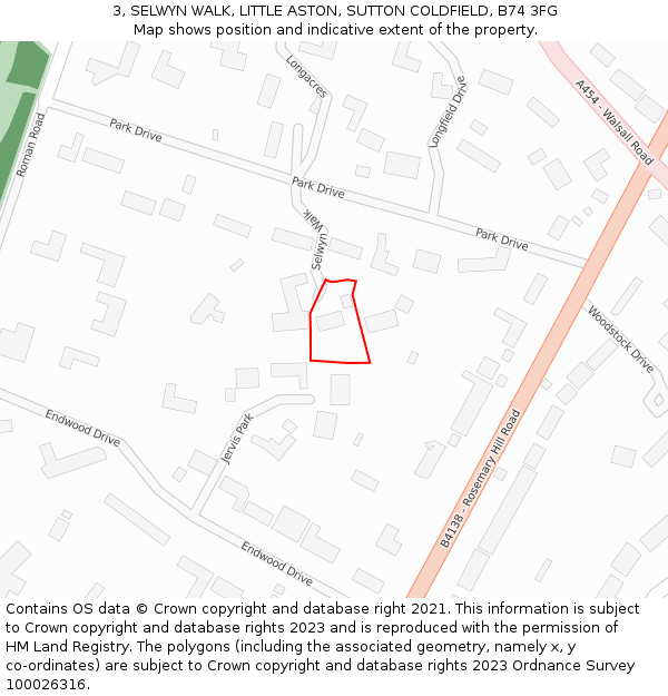 3, SELWYN WALK, LITTLE ASTON, SUTTON COLDFIELD, B74 3FG: Location map and indicative extent of plot