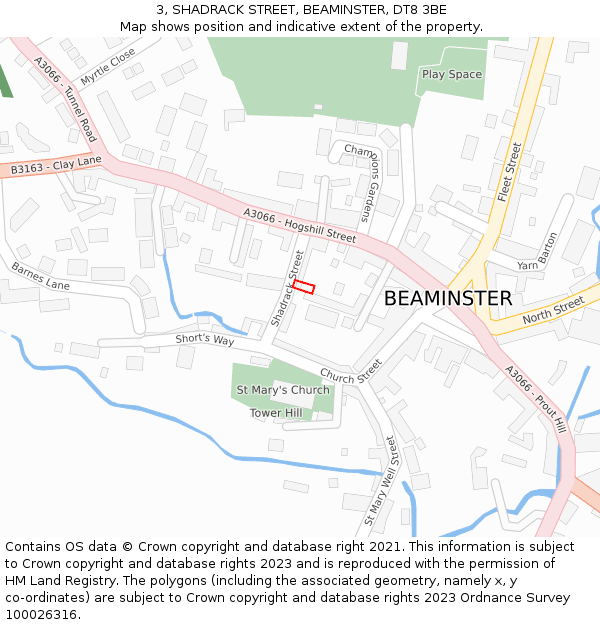 3, SHADRACK STREET, BEAMINSTER, DT8 3BE: Location map and indicative extent of plot