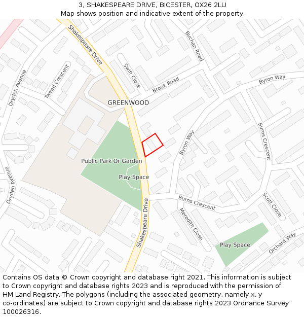 3, SHAKESPEARE DRIVE, BICESTER, OX26 2LU: Location map and indicative extent of plot