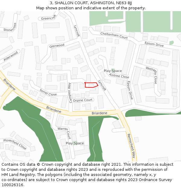 3, SHALLON COURT, ASHINGTON, NE63 8JJ: Location map and indicative extent of plot