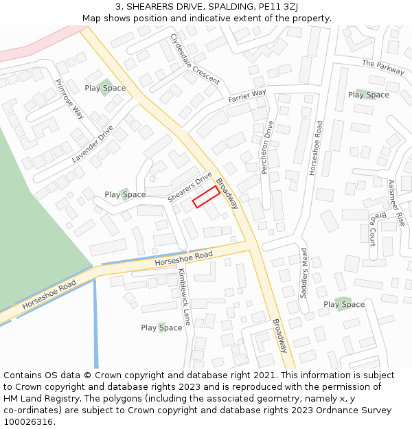 3, SHEARERS DRIVE, SPALDING, PE11 3ZJ: Location map and indicative extent of plot