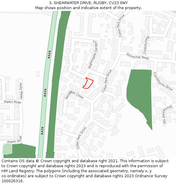 3, SHEARWATER DRIVE, RUGBY, CV23 0WY: Location map and indicative extent of plot