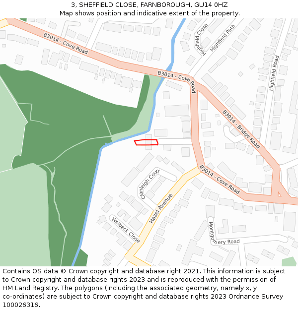 3, SHEFFIELD CLOSE, FARNBOROUGH, GU14 0HZ: Location map and indicative extent of plot