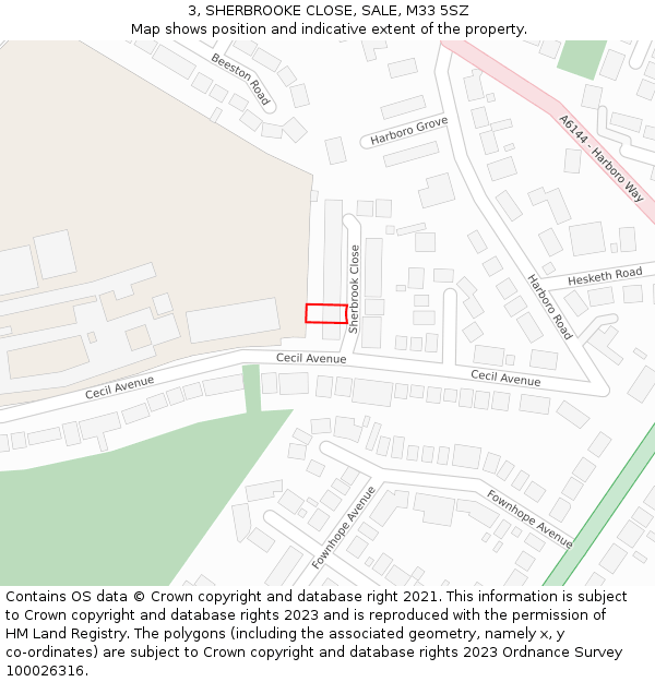 3, SHERBROOKE CLOSE, SALE, M33 5SZ: Location map and indicative extent of plot