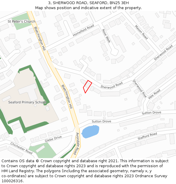 3, SHERWOOD ROAD, SEAFORD, BN25 3EH: Location map and indicative extent of plot