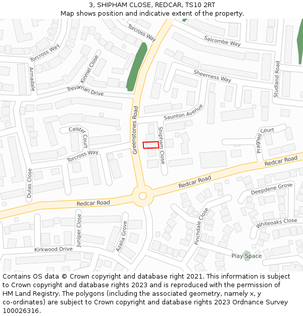 3, SHIPHAM CLOSE, REDCAR, TS10 2RT: Location map and indicative extent of plot