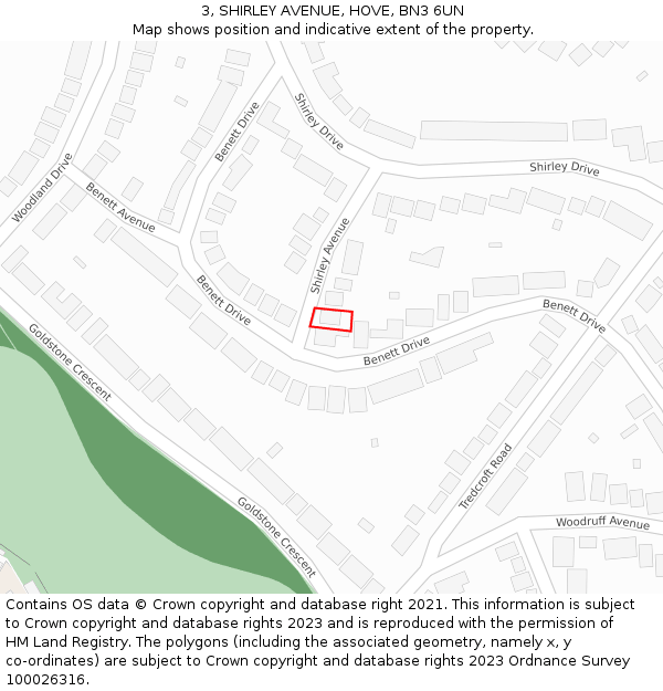 3, SHIRLEY AVENUE, HOVE, BN3 6UN: Location map and indicative extent of plot