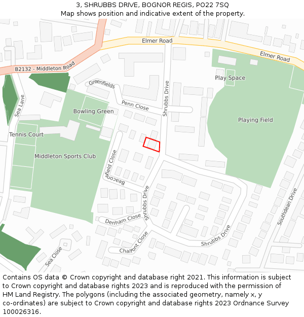 3, SHRUBBS DRIVE, BOGNOR REGIS, PO22 7SQ: Location map and indicative extent of plot