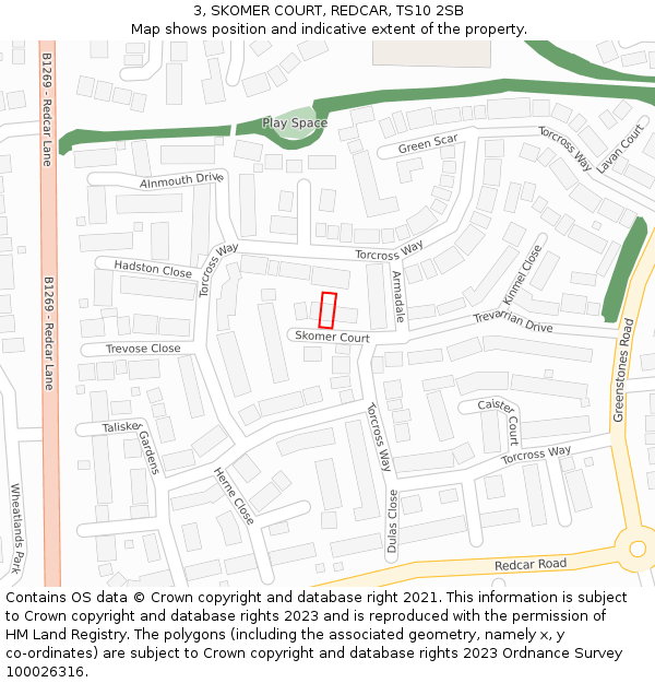 3, SKOMER COURT, REDCAR, TS10 2SB: Location map and indicative extent of plot