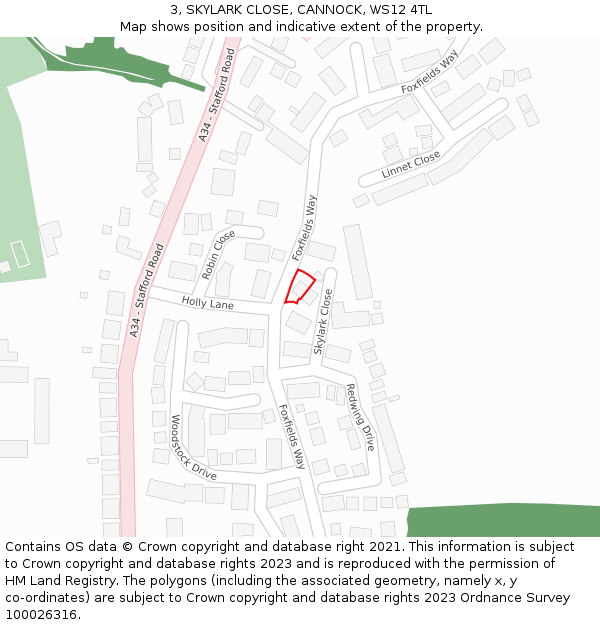 3, SKYLARK CLOSE, CANNOCK, WS12 4TL: Location map and indicative extent of plot