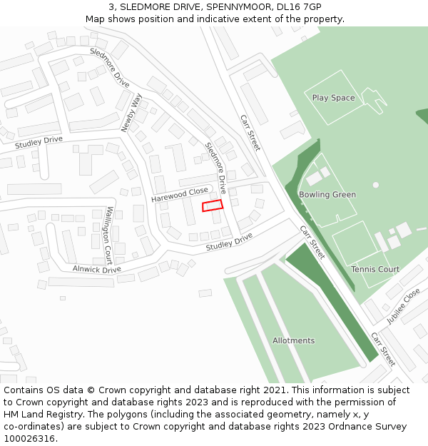 3, SLEDMORE DRIVE, SPENNYMOOR, DL16 7GP: Location map and indicative extent of plot