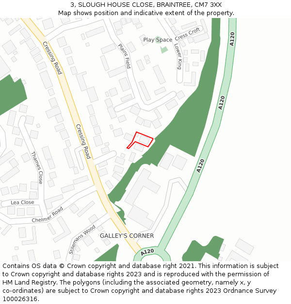 3, SLOUGH HOUSE CLOSE, BRAINTREE, CM7 3XX: Location map and indicative extent of plot
